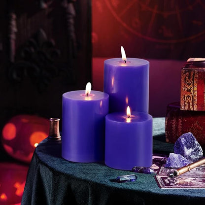 KONNI Violet Pillar Candles Set of 3, 3"x 6" Unscented Pillar Candles Bulk, 56 Hours Long Burning