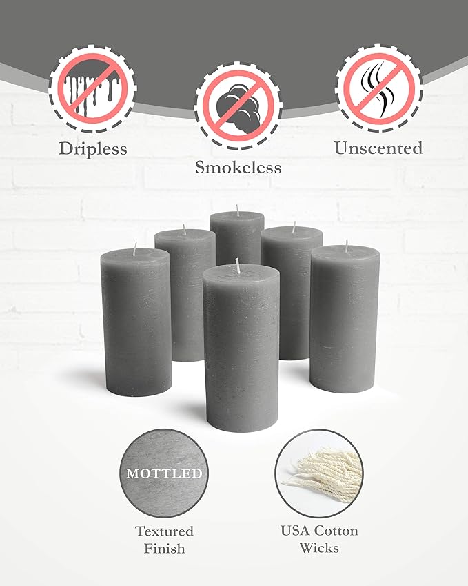 Mottled Pillar Candles by Bask - Set of 6-3" x 6" Dripless Unscented Candles in Grey for Home