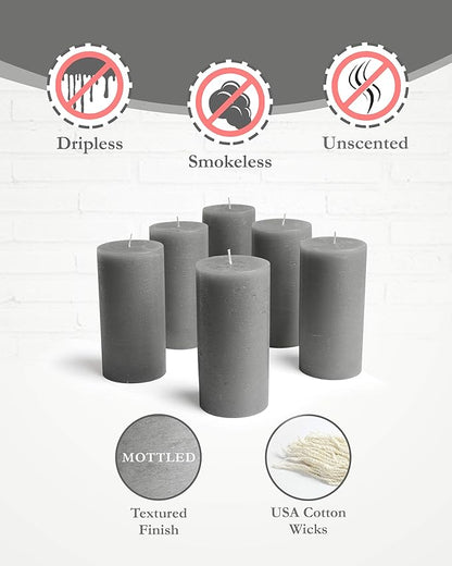 Mottled Pillar Candles by Bask - Set of 6-3" x 6" Dripless Unscented Candles in Grey for Home
