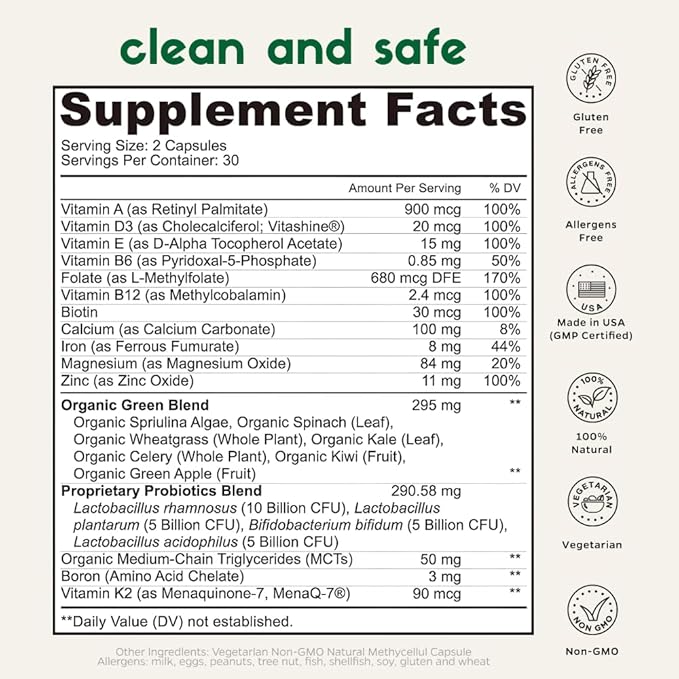 Zenkgo Multivitamins + Organic Whole Foods+Probiotics for Women, Supports Immunity, Digestion