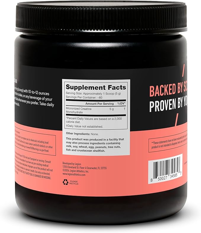 LEGION Micronized Creatine Monohydrate Supplement - Clean Creatine Powder for Muscle Gain & Post