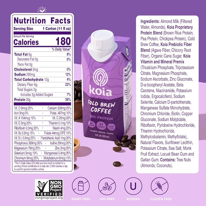 Koia Plant Based Protein Shake, Cold Brew Coffee, 20g Protein, 3g Sugar, 6g Prebiotic Fiber, 21