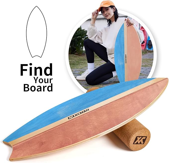 XCMAN Surf Balance Board Trainer with Roller Wooden Exercise Balancing Stability Trainer - Non Slip