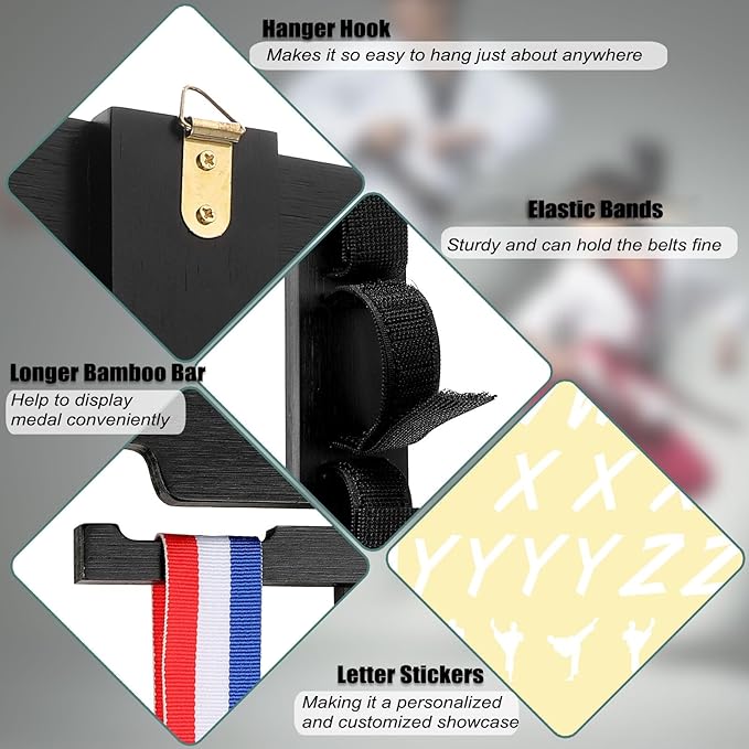 JUXYES Wall Hanging Martial Arts Belts Organizer for 10 Belts with Medal Hanger and Stickers