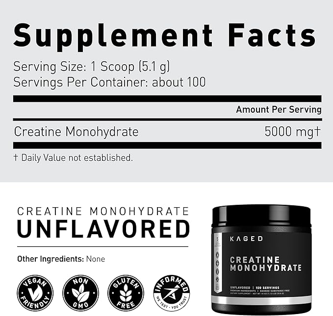 Kaged Creatine Monohydrate Micronized Powder | Unflavored | Muscle Building & Recovery | 5000 mg