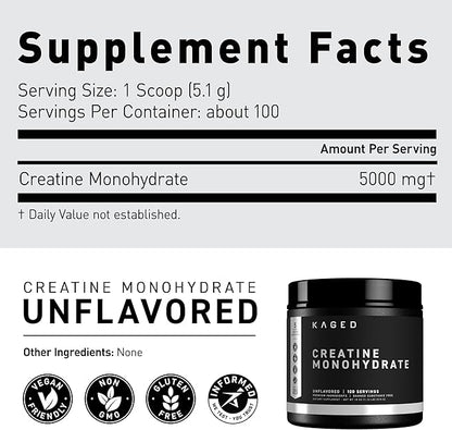 Kaged Creatine Monohydrate Micronized Powder | Unflavored | Muscle Building & Recovery | 5000 mg