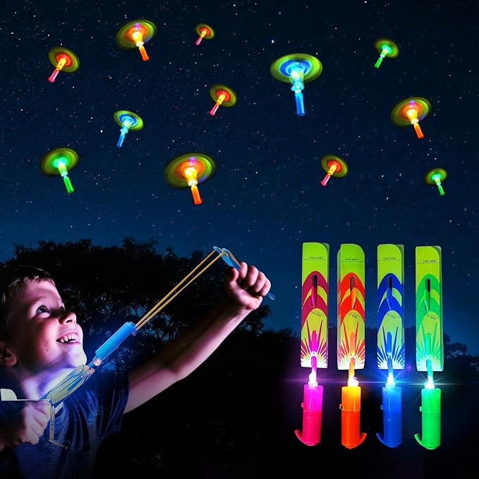 25 Packs LED Flying Toys Set with Whistle,25 Rocket Slingshot+25 Glow Arrow Helicopter for Summer