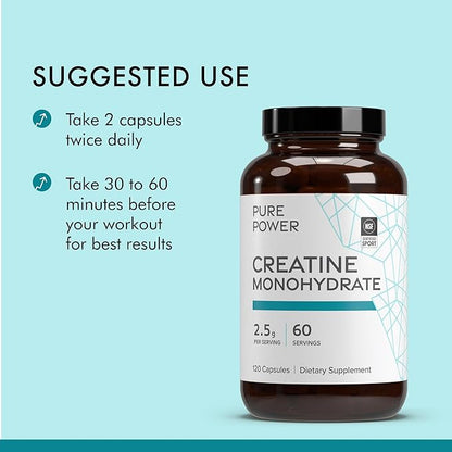 Dr. Mercola Pure Power Creatine Monohydrate, 60 Servings (120 Capsules) 2.5g Per Serving, Dietary