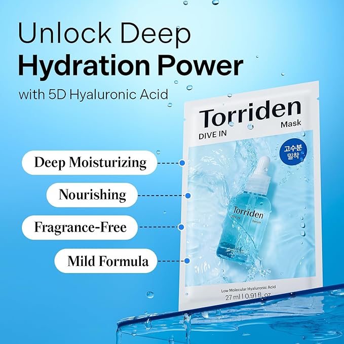 Torriden DIVE IN Hyaluronic Acid Facial Mask (10 sheets) | Extra Moisturizing Care | Hyaluronic