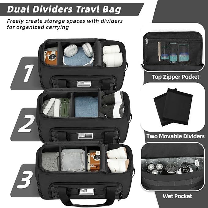 ZOMFELT Tactical Gym Bags for Men, 52L Travel Duffle Bag with Removable Dividers & Innovative Shoe