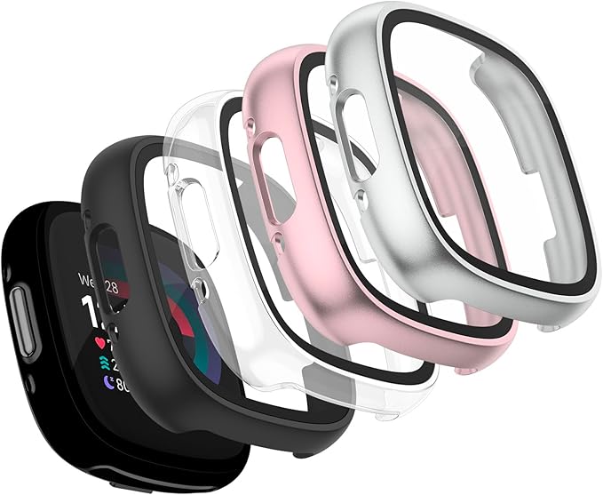 Vancle Case for Fitbit Versa 4 / Fitbit Sense 2, 4-Pack Screen Protector Tempered Glass Full Around
