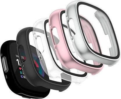 Vancle Case for Fitbit Versa 4 / Fitbit Sense 2, 4-Pack Screen Protector Tempered Glass Full Around