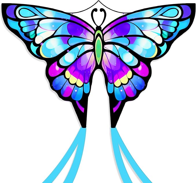 Simxkai Butterfly Kite for Kids & Adults, Easy to Fly Blue Big Kite for Beginners, Line Handle