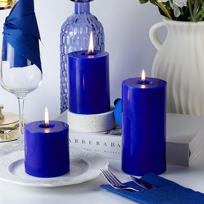 KONNI Classic Blue Pillar Candles Set of 3, 3"x 6" Unscented Pillar Candles Bulk, 56 Hours Long