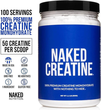 NAKED Pure Micronized Creatine Monohydrate Powder - Unflavored, 500g, 1.1lb Bulk - Vegan, Non-GMO