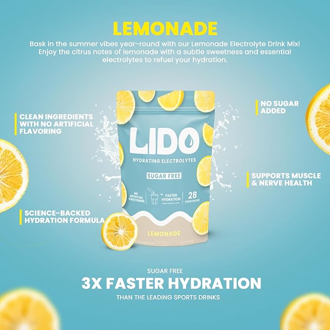 LIDO Lemonade Electrolyte Powder Packets — Clean, Zero-Sugar Hydration Drink Mix with Balanced