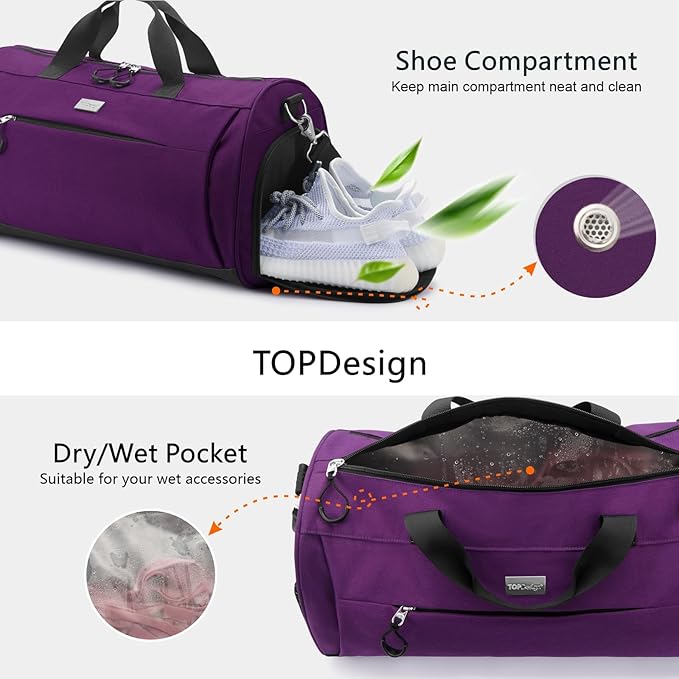 TOPDesign Gym Bag for Women & Men, Unisex Duffel Bag with Shoe Compartment & Wet Pocket for Travel