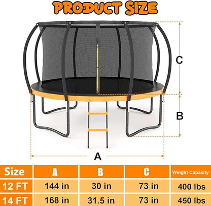 Trampoline 12FT 14FT 15FT 16FT for Kids/Adults - Outdoor Recreational with Enclosure Net Curved