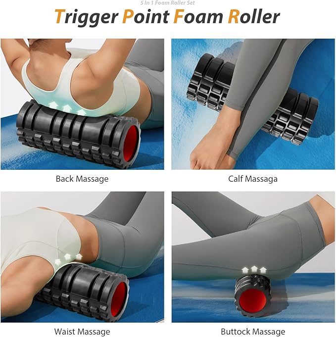 5 in1 Foam Roller Set, Trigger Point Foam Roller, Massage Roller Stick, Massage Ball, Resistance