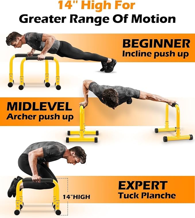TABEKE Push Up Bar, 14'' High Steel Parallettes & Dip Bar with Full Coverage Foam Handle
