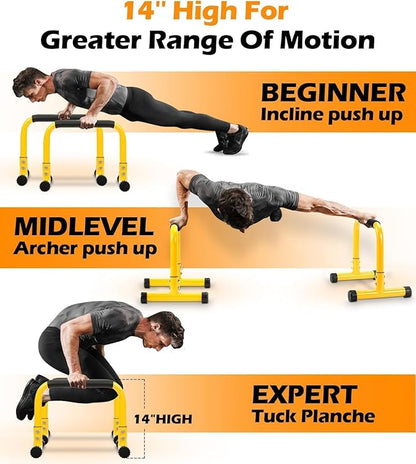 TABEKE Push Up Bar, 14'' High Steel Parallettes & Dip Bar with Full Coverage Foam Handle