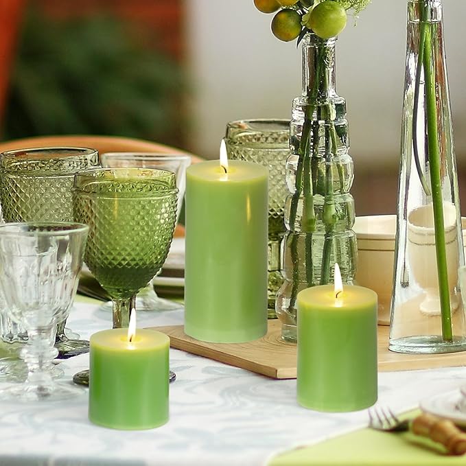 KONNI Green Pillar Candles Set of 3, 3"x 6" Unscented Pillar Candles Bulk, 56 Hours Long Burning