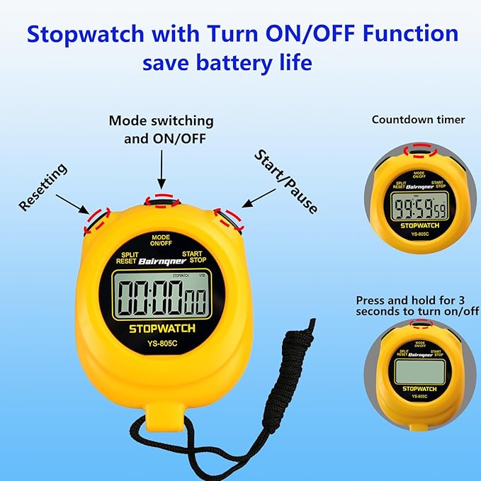 Stopwatch Timer with Countdown, ON/Off Simple Operation No Clock No Date, Digital Stop Watch for