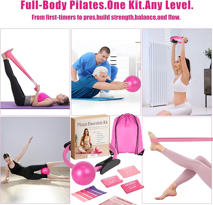 pilates essentials kit for home workouts, pink pilates equipment set with pilates Rings, yoga ball