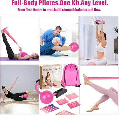 pilates essentials kit for home workouts, pink pilates equipment set with pilates Rings, yoga ball