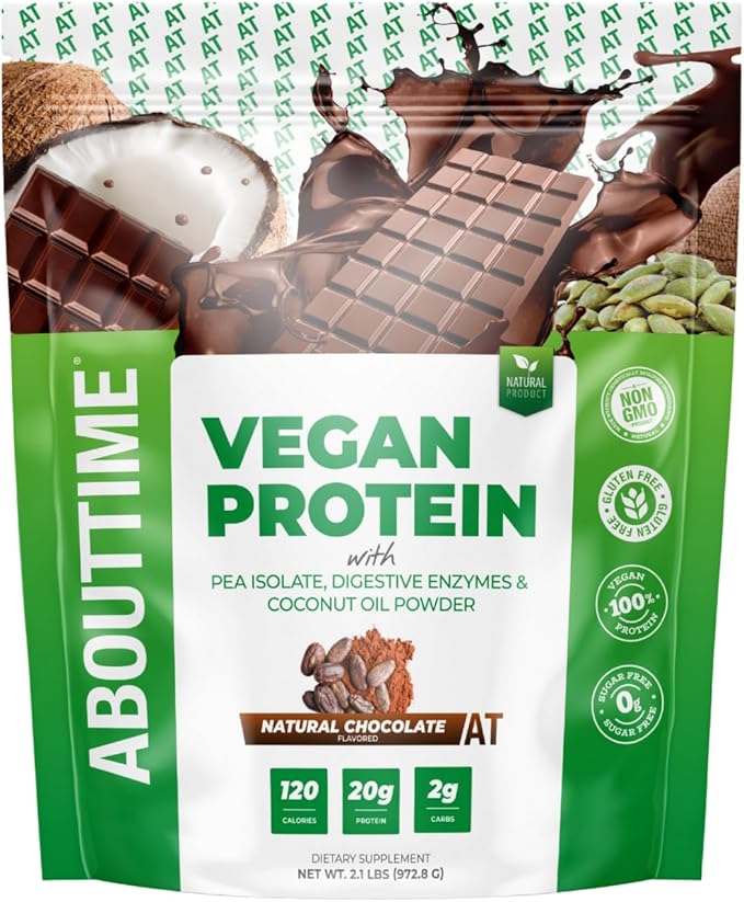 About Time Vegan Protein Powder 20g Chocolate, Natural Ingredients, Non-GMO, Plant Based, Gluten