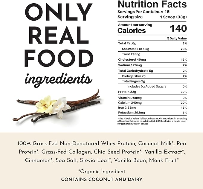 JUST INGREDIENTS Protein Powder | Vanilla Protein Powder Made with 100% Grass Fed, Non Denatured