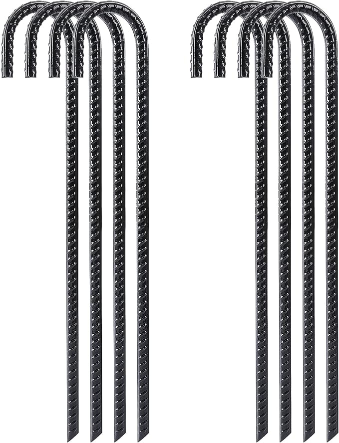 FEED GARDEN 16 Inch 8 Pack Rebar Stakes Heavy Duty J Hook, Galvanized Steel Ground Stakes Tent