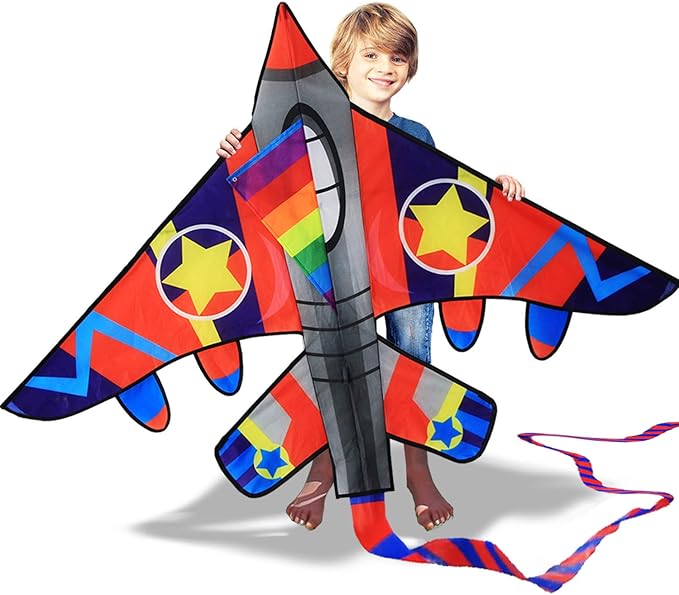 HONBO 58" Fighter Plane - Kite for Kids & Adults, Easy to Fly, Beach Trip Beginner Kite with Reel
