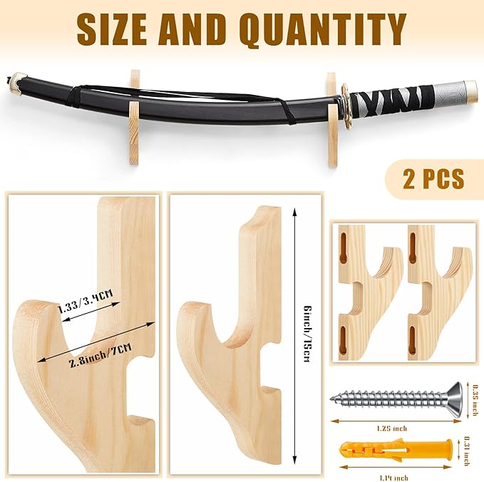 Chunful 2 Pcs Sword Wall Mount Sword Holder Katana Stand 1 Tier Hanger Adjustable Wooden Mounts for