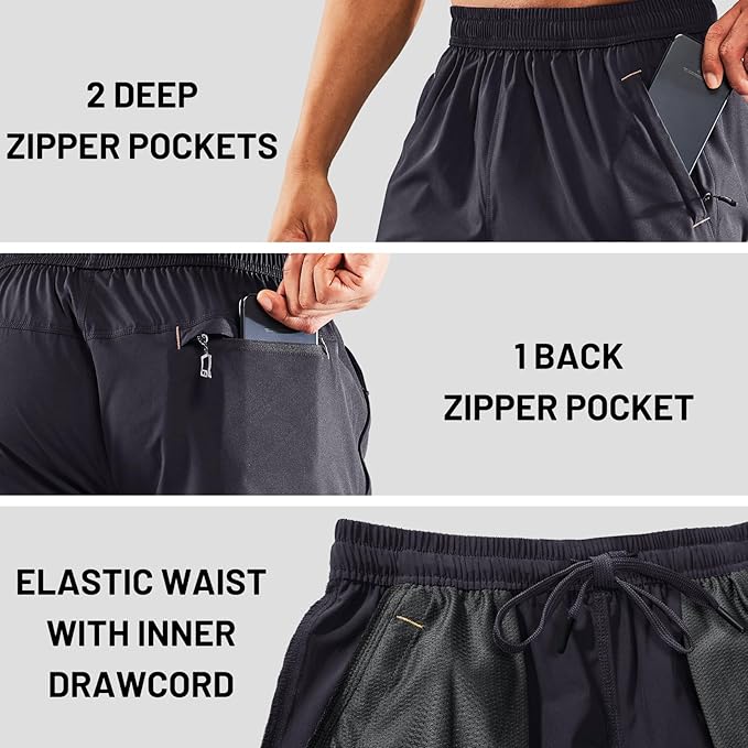 MIER Men's Quick Dry Running Shorts with Zipper Pocket, Elastic Waist Athletic Workout Exercise