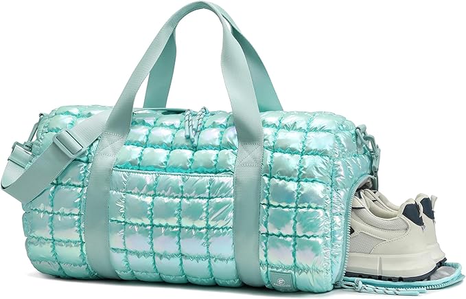 Quilted Duffel Bag for Women, Puffer Gym Duffle Bag with Shoe Compartment Lightweight Large