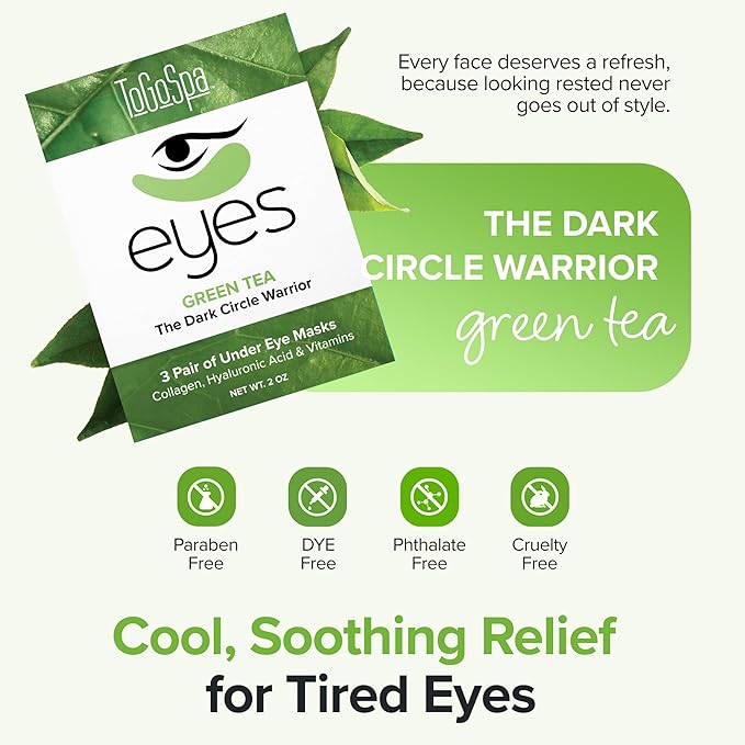 ToGoSpa Green Tea EYES, Dark Circle Warrior | Premium Clean Anti-Aging Gel Pads with Collagen