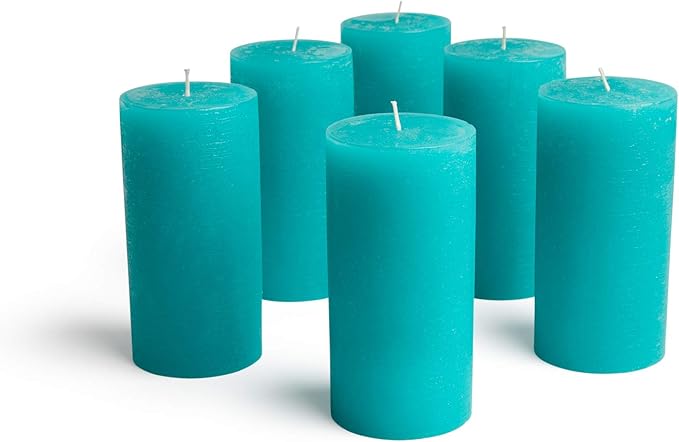 Mottled Pillar Candles by Bask - Set of 6-3" x 6" Dripless Unscented Candles in Turquoise for Home