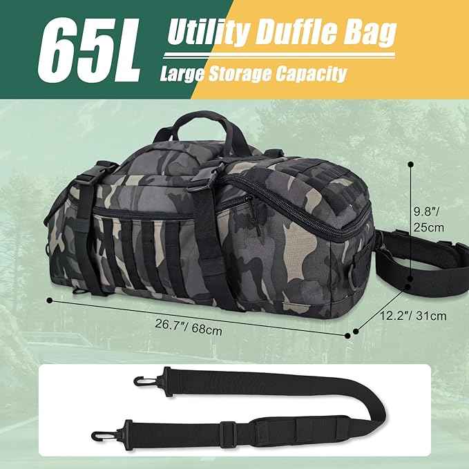 65L Large Travel Duffle Bag Military Tactical Backpack, Army Assault Pack Bug Out Bag Rucksack for