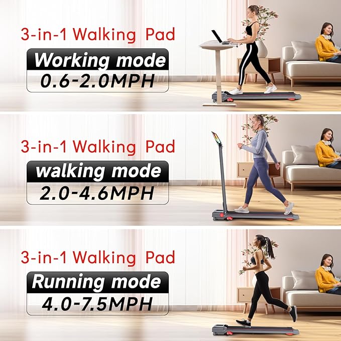 Walking Pad Treadmill with Incline and Handle Bar, 7.5MPH Under Desk Treadmill for Home Office, 360
