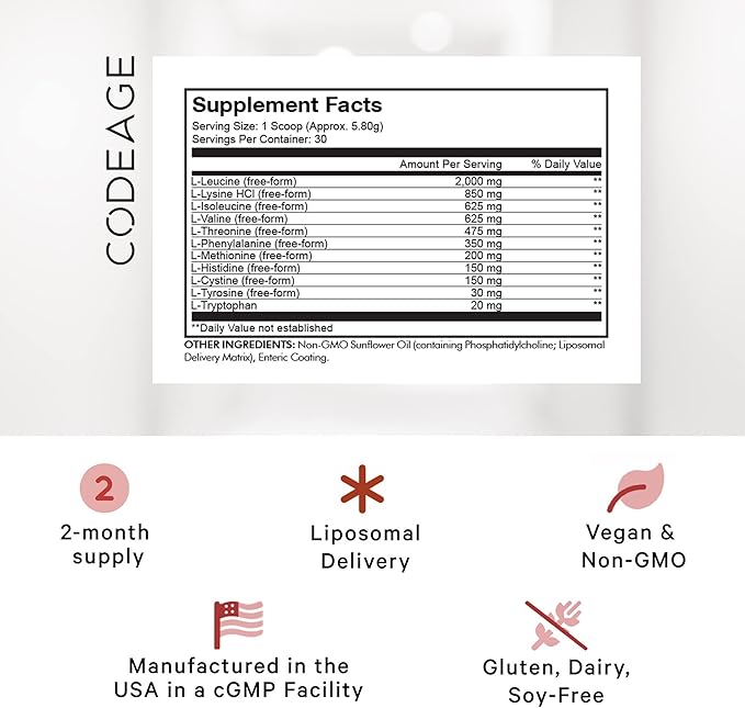 Codeage Liposomal Multi Amino Powder Supplement - BCAA & EAA Supplement All 9 Essential Amino