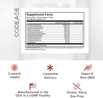 Codeage Liposomal Multi Amino Powder Supplement - BCAA & EAA Supplement All 9 Essential Amino