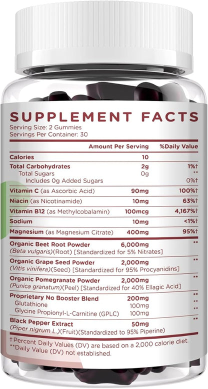 Beet Root Gummies 6000mg ??Nitric Oxide Booster with Grape Seed, Pomegranate, Vitamins C & B12