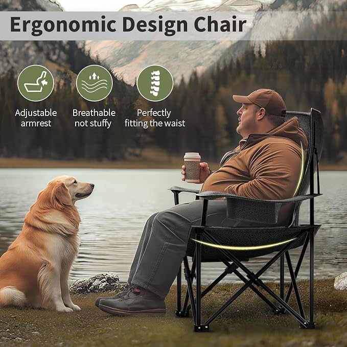Heavy Duty Folding Chair 500LB Capacity, Oversized Camping Chairs with Cup Holder, Cooler Bag &