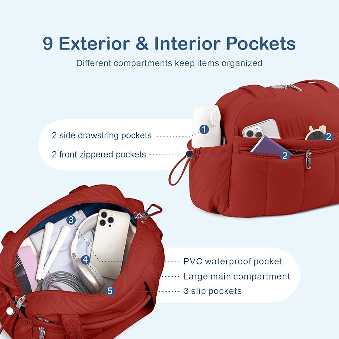 TOPDesign Travel Duffel Bag for Women, Puffer Gym Bag Sports Tote with Wet Pocket, Carry On