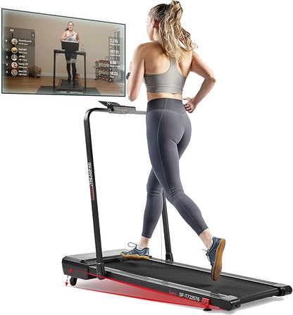 Sunny Health & Fitness Sleek Compact Smart Treadpad Treadmill with 6-Level Auto Incline, Remote