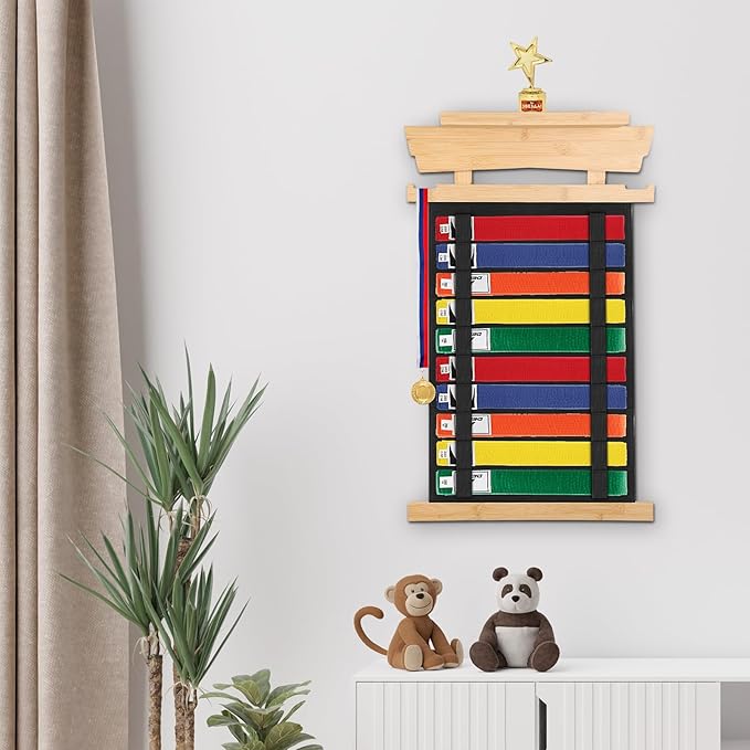 JUXYES Wall Hanging Martial Arts Belts Organizer with Trophy and Medal Display Rack, Bamboo Karate