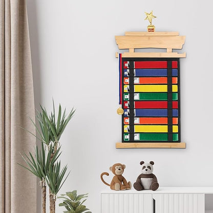 JUXYES Wall Hanging Martial Arts Belts Organizer with Trophy and Medal Display Rack, Bamboo Karate