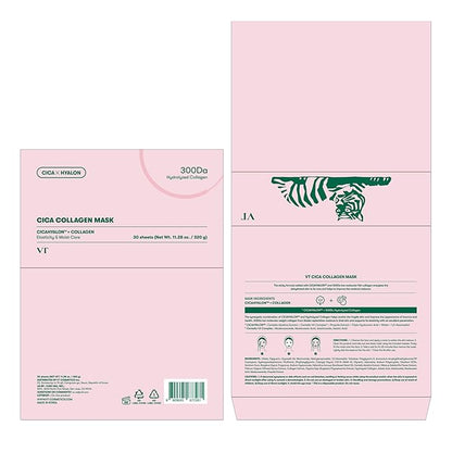 VT COSMETICS CICA Collagen Daily Mask 30 Sheets, 300Da Low Molecular Collagen for Skin Elasticity