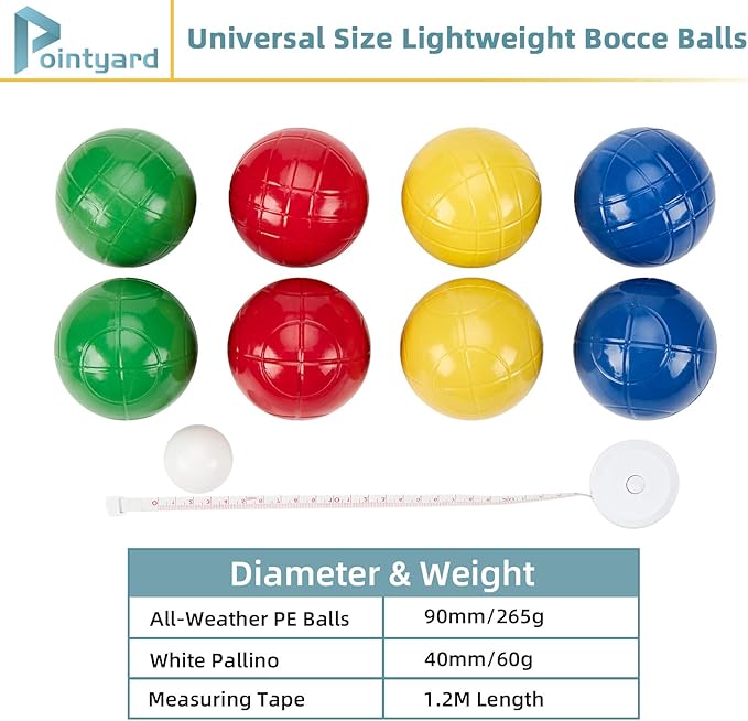 Pointyard 90mm Bocce Ball Set with 8 PE Balls, 1 Pallino, Carrying Bag, Measuring Tape - Family